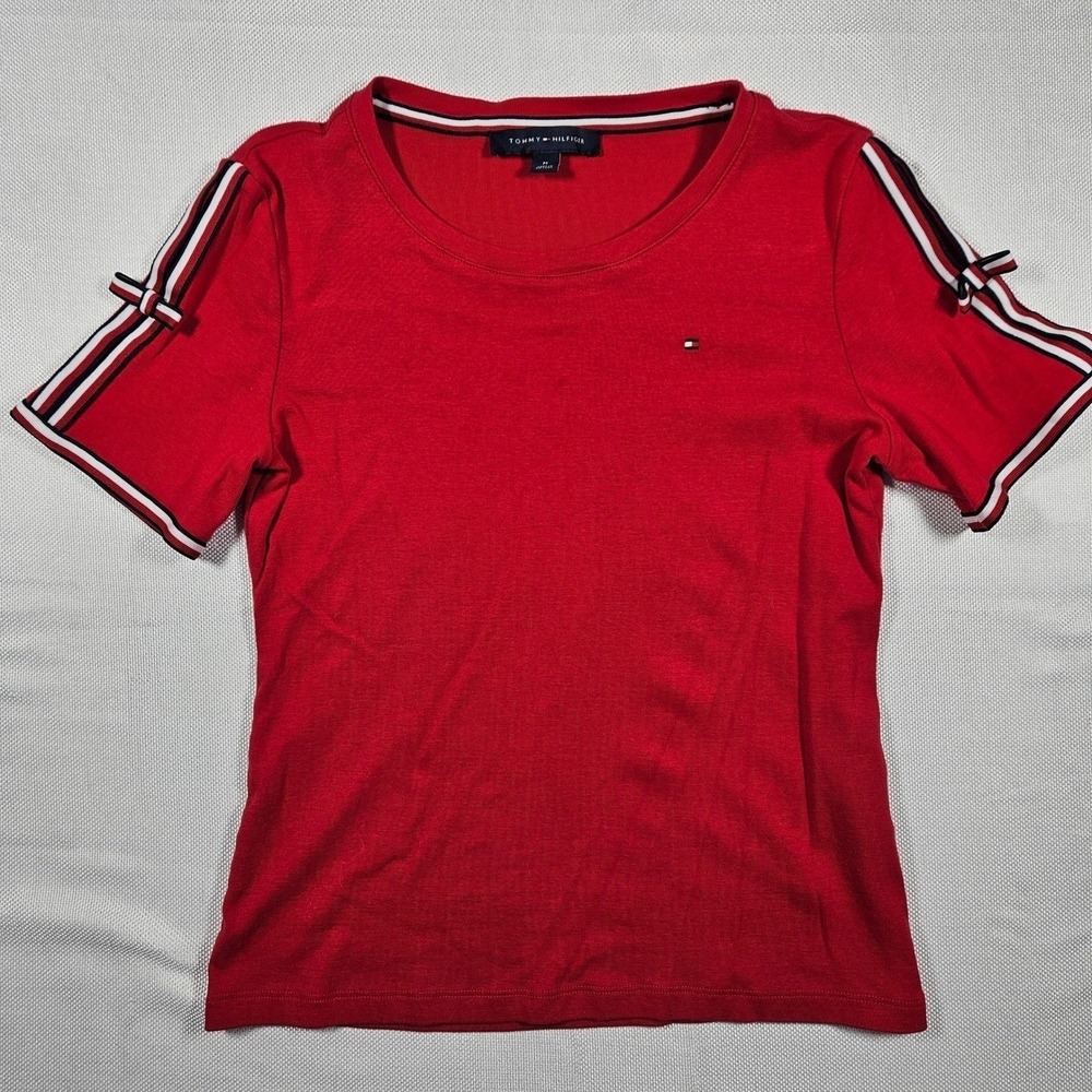 Tommy Hilfiger Women Red Short Sleeve Top Logo Bow Sleeve Detail MED 100% Cotton
